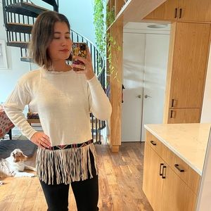 Lianne Barnes Vintage boho white Sweater with leather fringe and beading